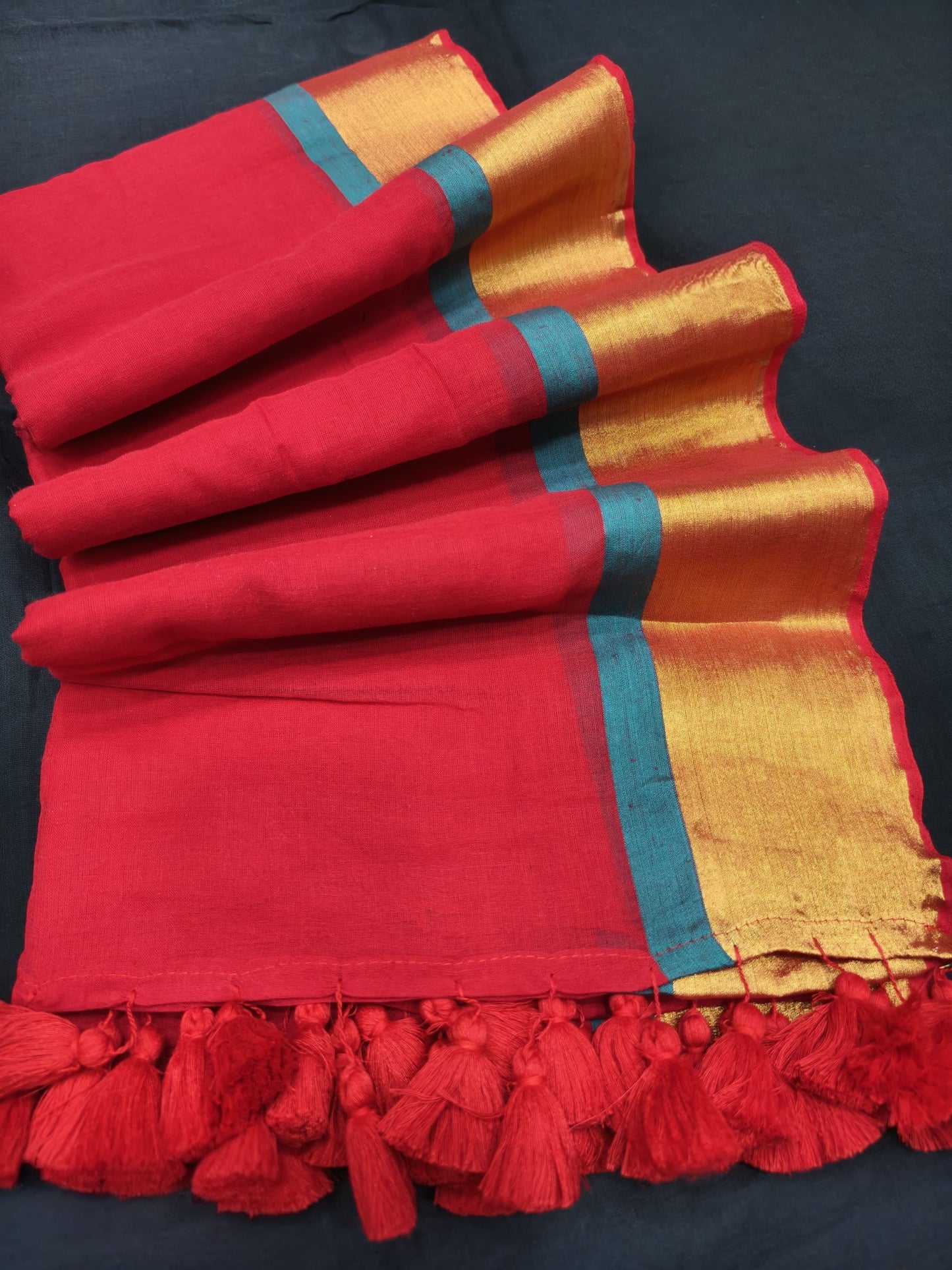 Mridula - Classic Red Mulmul Cotton Saree with Golden Border