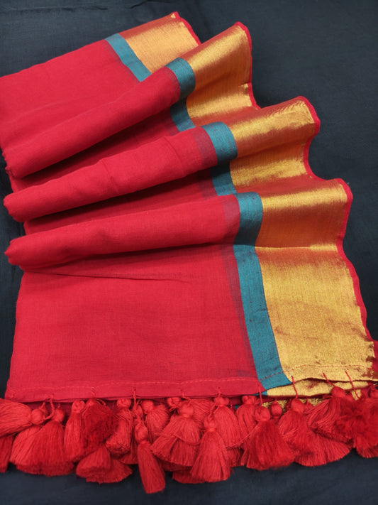 Mridula - Classic Red Mulmul Cotton Saree with Golden Border