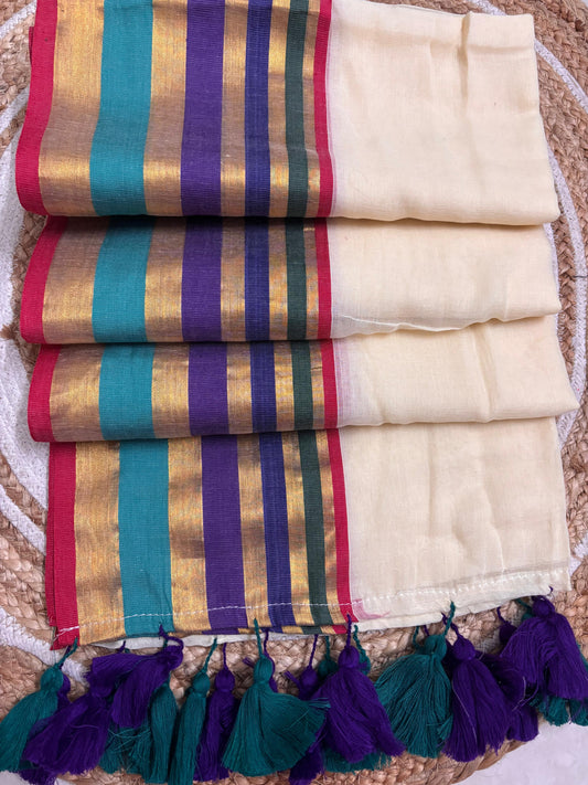 Mridula - Offwhite Mulmul saree with multicoloured Kara-Kasavu Border