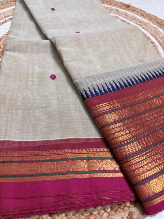Nira - Classy Cream & Pink Kanchi Cotton Saree with Premium Feel