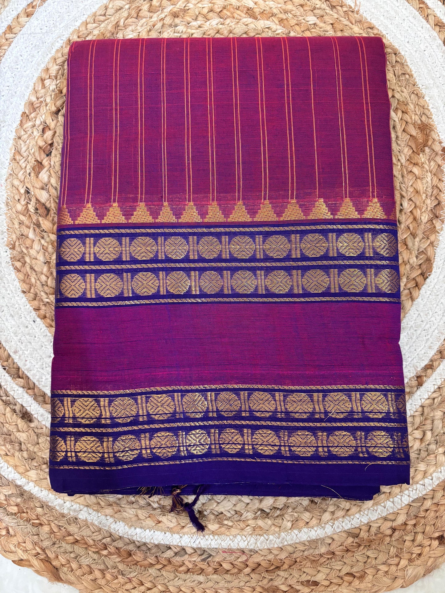 Nira- Kanchi Cotton Purple & Magenta Saree with Golden Zari Stripes