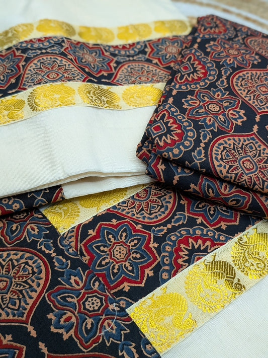 Varnika – Set Mundu with Ajrakh Prints & Peacock Butta Border