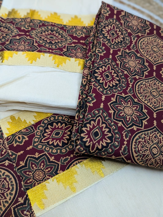 Varnika – Set Mundu with Ajrakh & Temple Design Borders