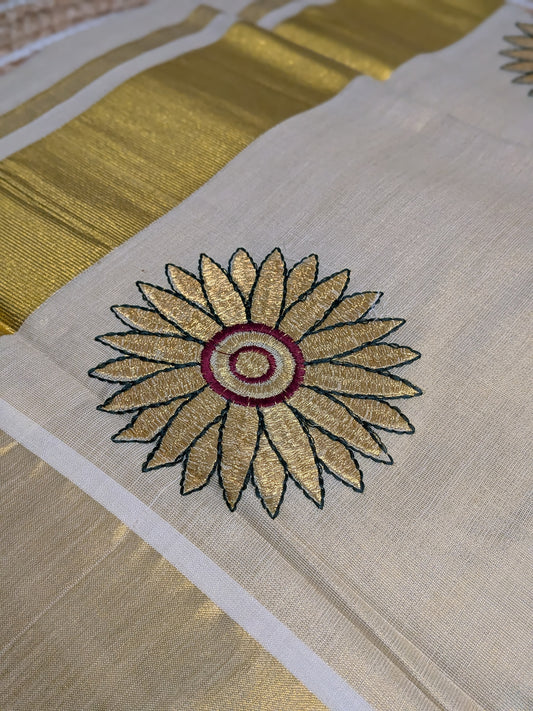 Ponnonam – Kerala Cotton Set Saree with Floral Embroidery