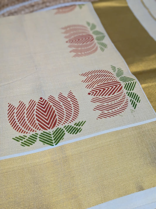 Ponnonam – Kerala Kasavu Saree with Lotus Prints