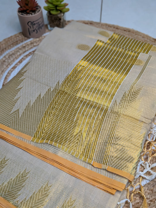 Ponnonam – Kerala Kasavu Saree with Polka Weaving & Temple Border