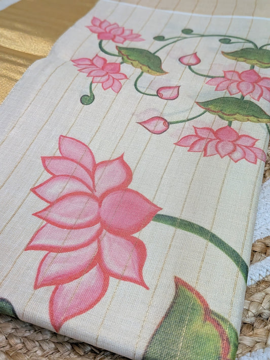 Ponnonam – Kerala Tissue Saree with Lotus Floral Digital Prints