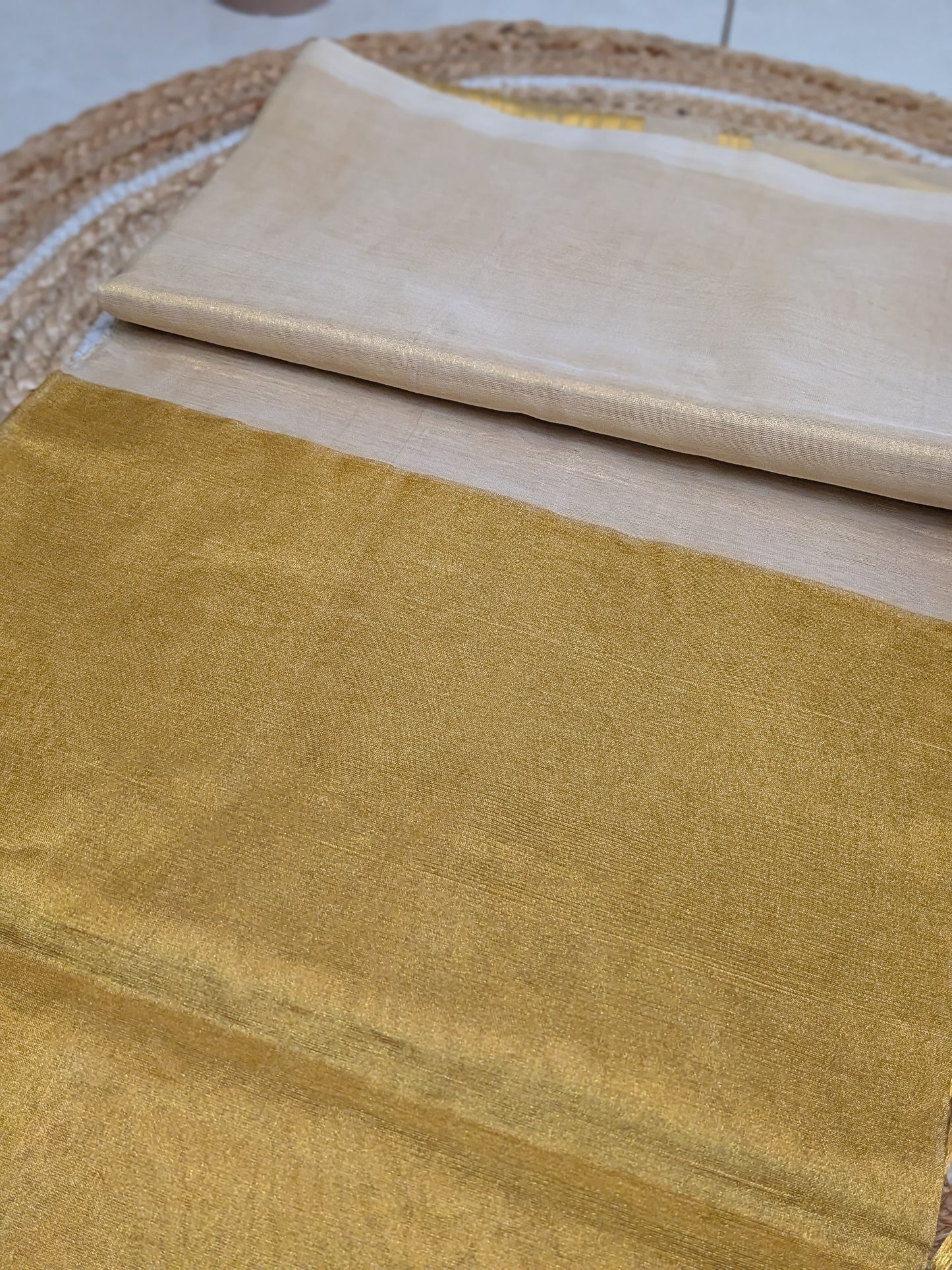 Ponnonam – Pure Handloom Half & Half Saree in Tissue and Golden Zari