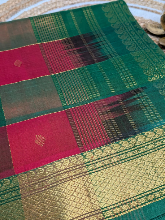 Paalum Pazhamum – Red & Green Checked Kanchipuram Silk Cotton Saree
