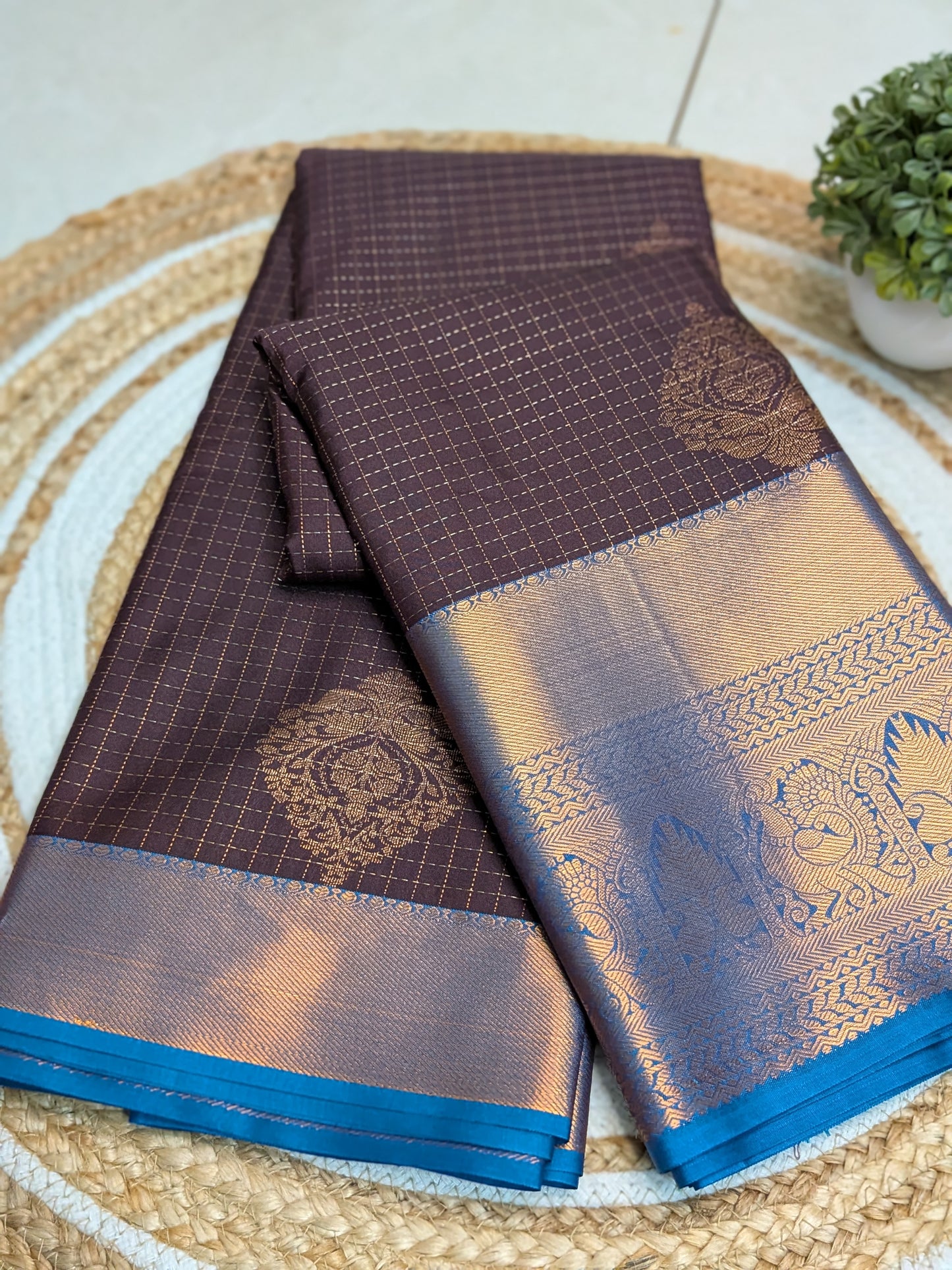 Nayika – Semi Silk Kanchipuram Saree in Earthy Brown with Royal Blue and Gold Zari