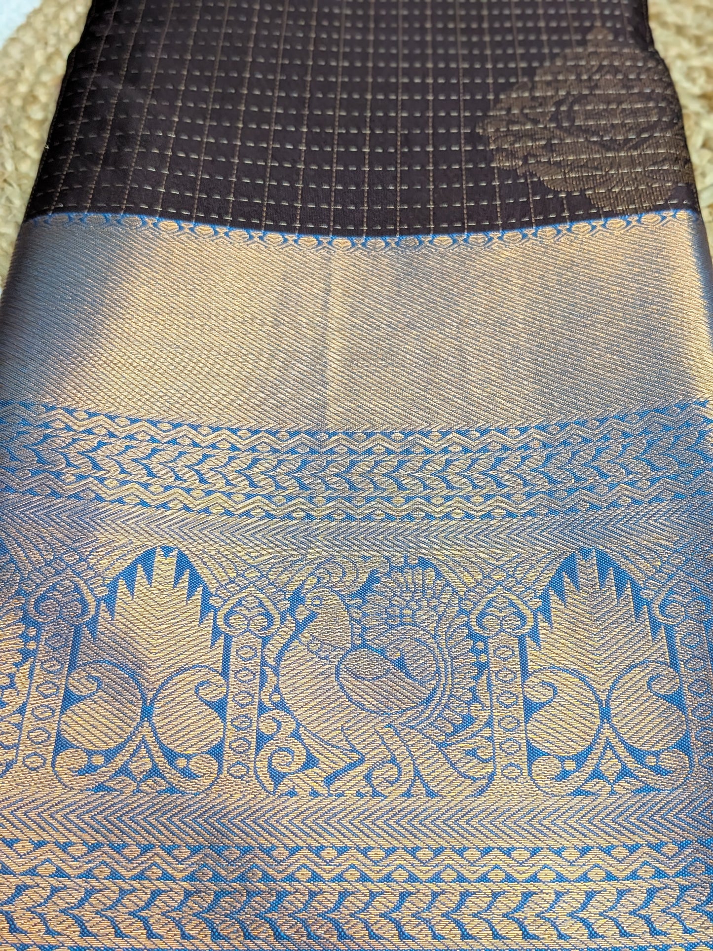 Nayika – Semi Silk Kanchipuram Saree in Earthy Brown with Royal Blue and Gold Zari