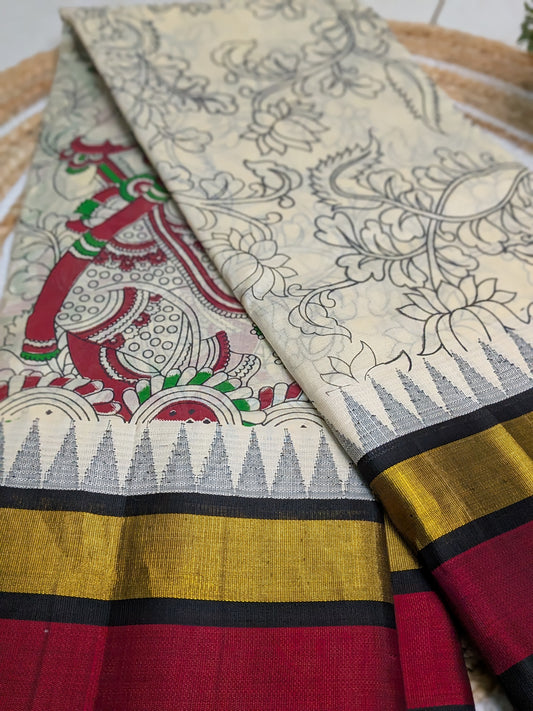 Varnam - Off-White Silk Cotton Saree with Kalamkari Radha Krishna
