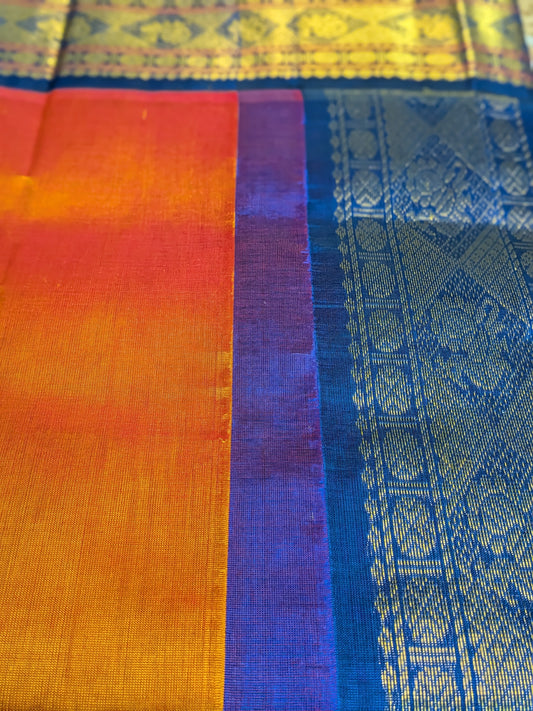 Varnam- Pure Kanchipuram Silk Cotton Saree in Orange & Royal Blue