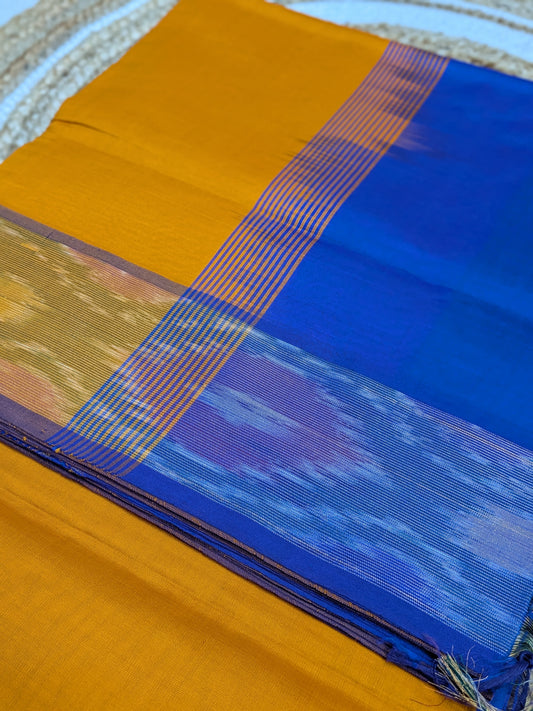 Varnam - Semi Silk Kanchipuram Saree in Mustard Yellow & Blue with Pochampally Border