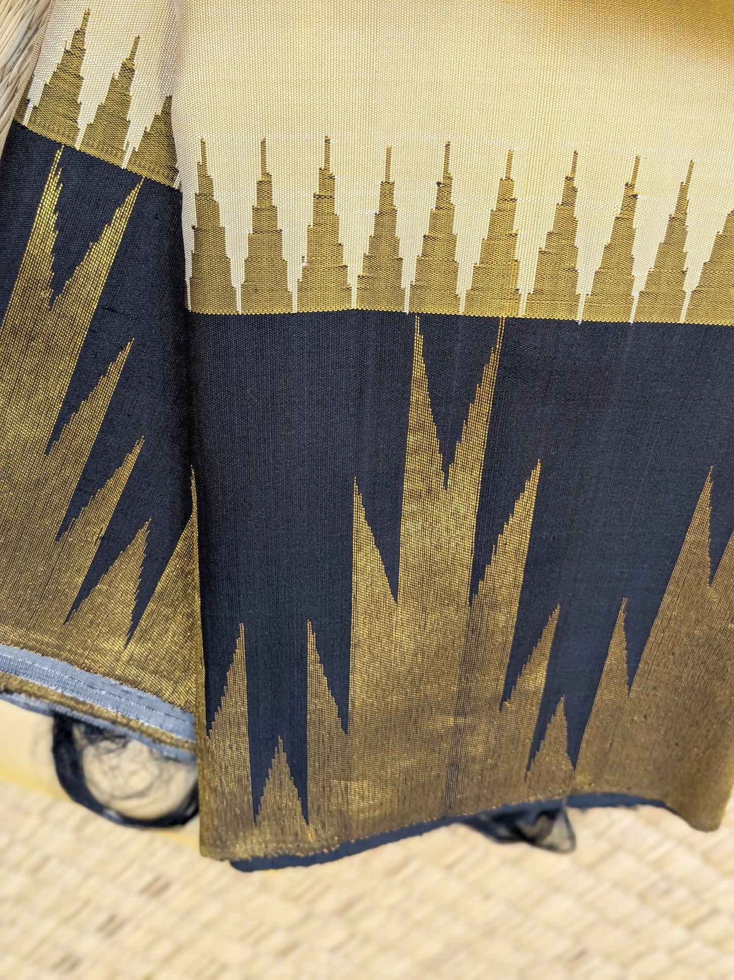 Taarakai - Pure Handloom Off-White Saree with Black & Gold Temple Borders