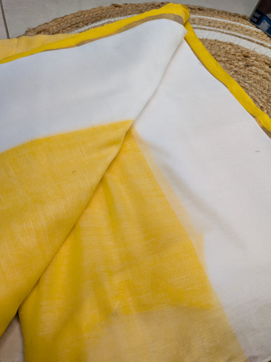 Mridula - Yellow & Off-White Mul Mul Cotton Kasavu Saree