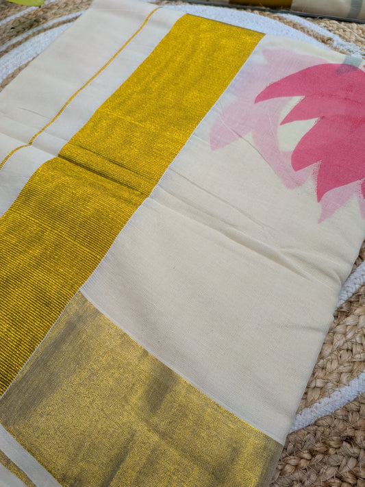 Ponnonam - Kerala Cotton Saree with Lotus Painting