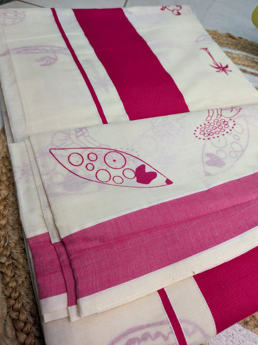 Ponnonam - Kerala Cotton Saree with Pink Border & Traditional Prints