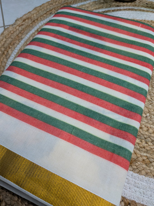 Ponnonam - Golden Border with Red & Green Striped Pallu