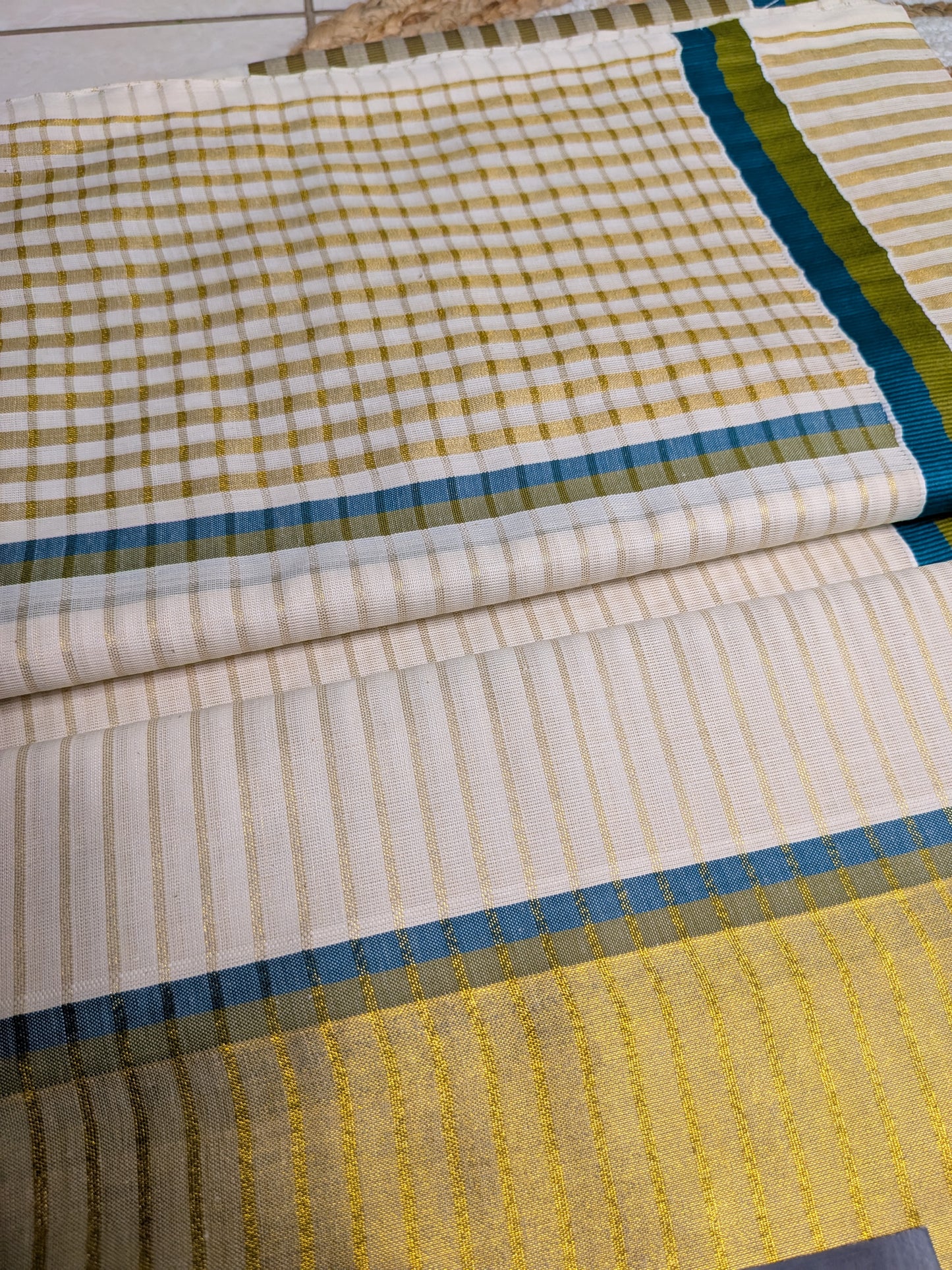 Ponnonam - Golden Stripes with Green, Blue & Golden Border