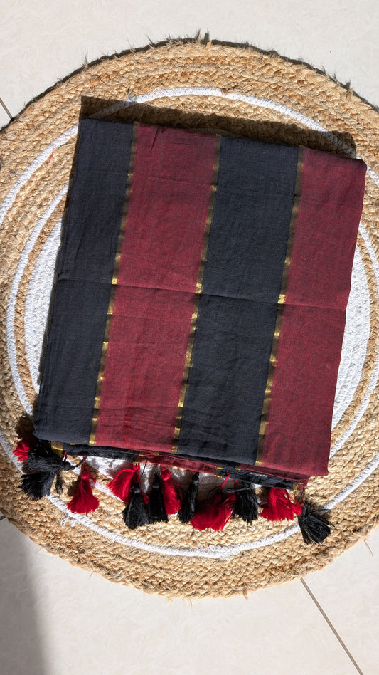 Mridula - Red & Black Striped MulMul Saree