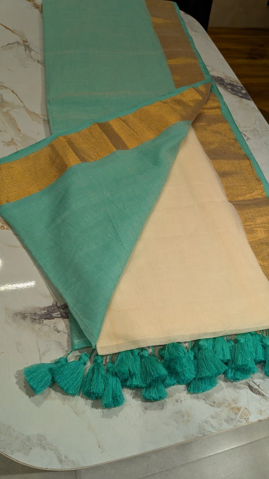 Mridula -Green & Off-White Mul Mul Cotton Kasavu Saree