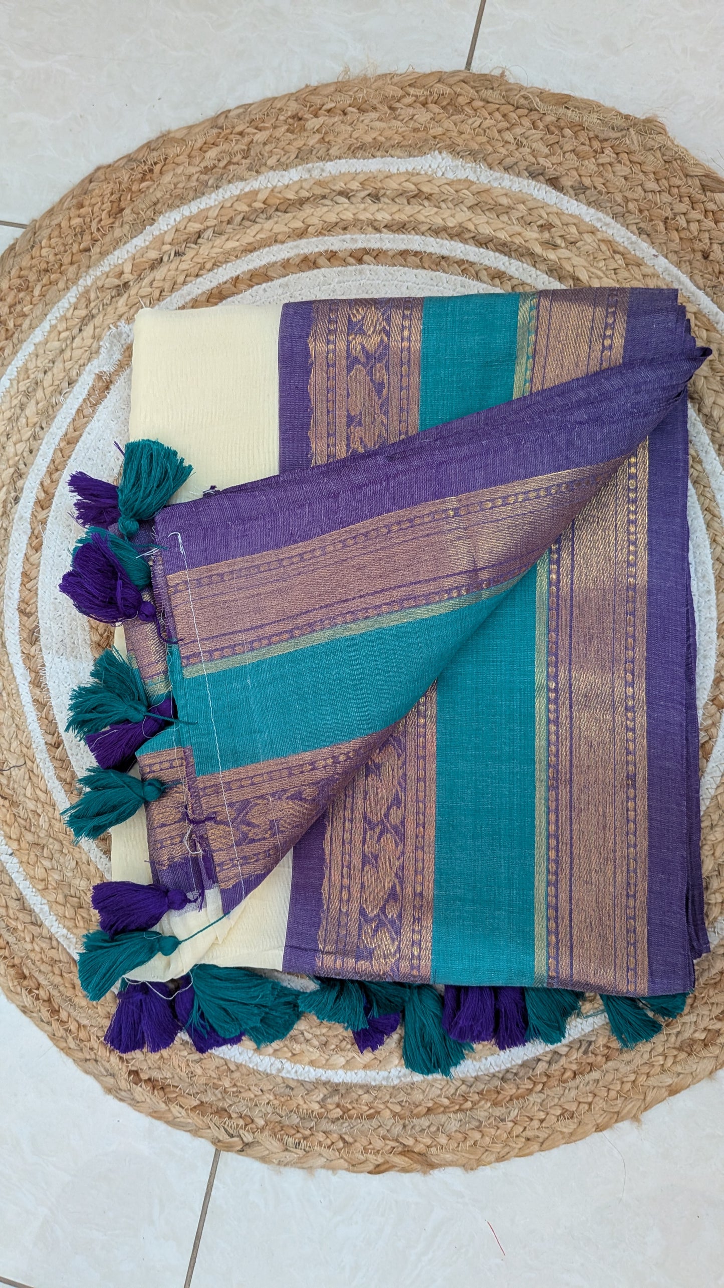 Off-White Mulmul Cotton Saree with Violet, Green & Golden Kanchi Border