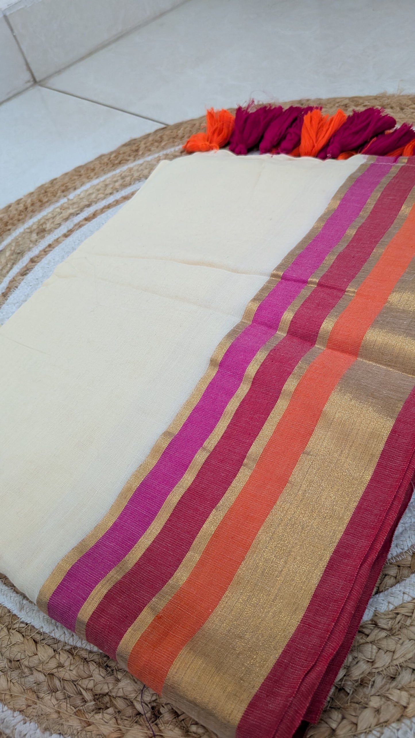 Off-White Mulmul Cotton Saree with Pink, Orange & Golden Kara Kasavu Border