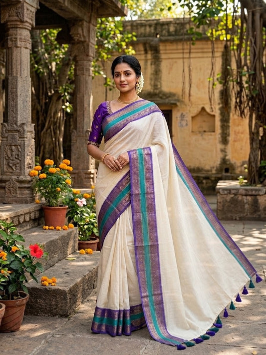Off-White Mulmul Cotton Saree with Violet, Green & Golden Kanchi Border