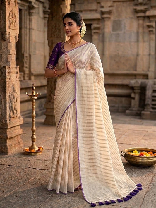 Off-White Mulmul Cotton Saree with Violet Border & Golden Stripes