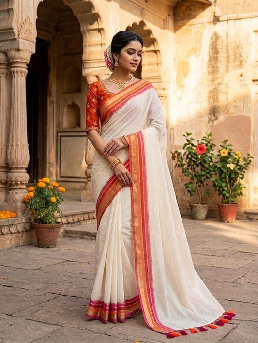 Off-White Mulmul Cotton Saree with Pink, Orange & Golden Kara Kasavu Border