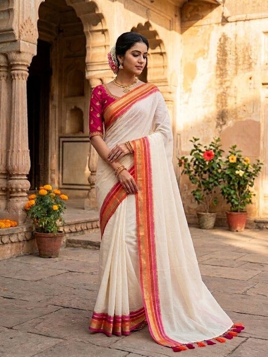 Off-White Mulmul Cotton Saree with Pink, Orange & Golden Kara Kasavu Border