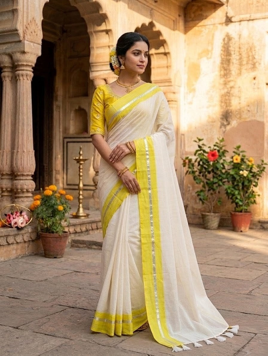 Mridula - Yellow and Silver Border white Mulmul saree