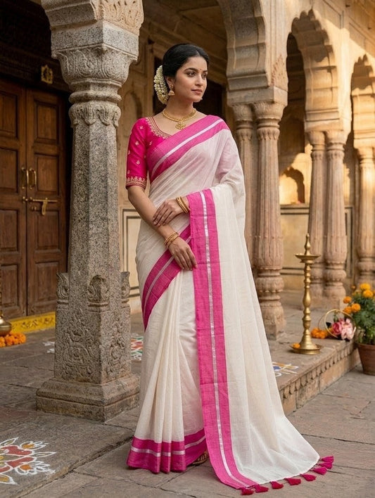 Mridula - Pink and Silver Border white Mulmul saree