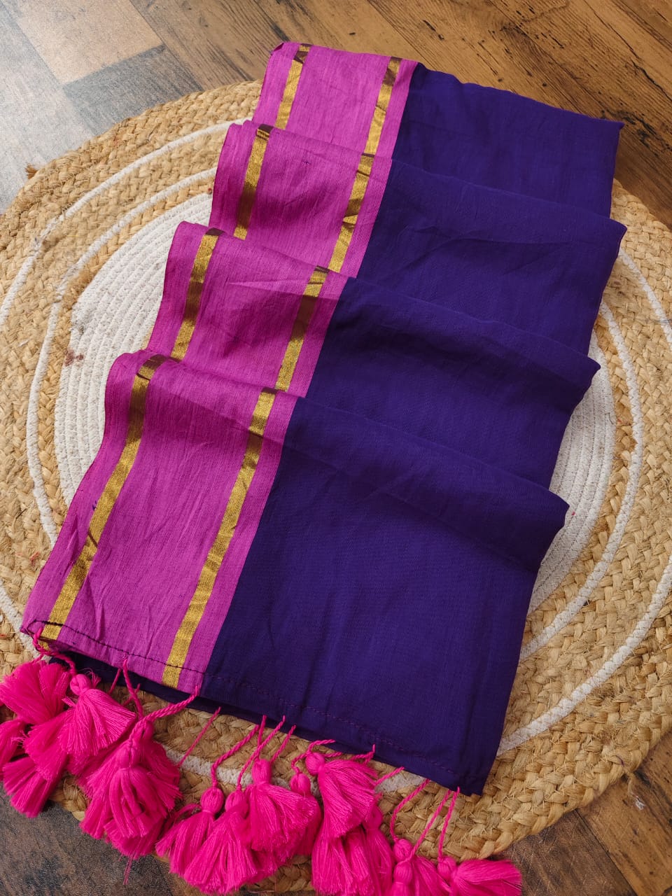 Purple Elegance: Mulmul Cotton Saree Accented with Pink Border