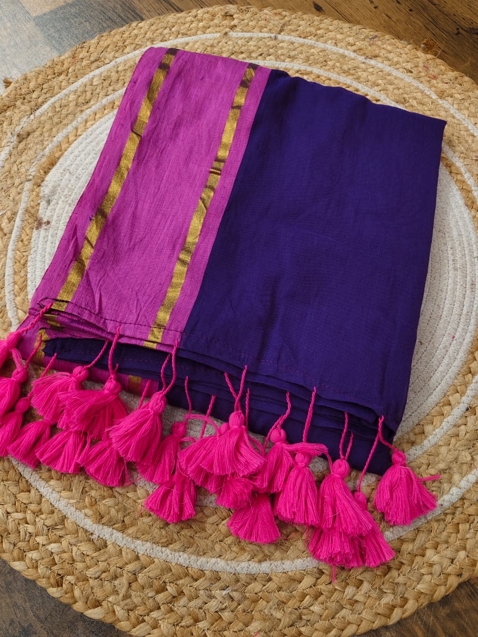 Purple Elegance: Mulmul Cotton Saree Accented with Pink Border