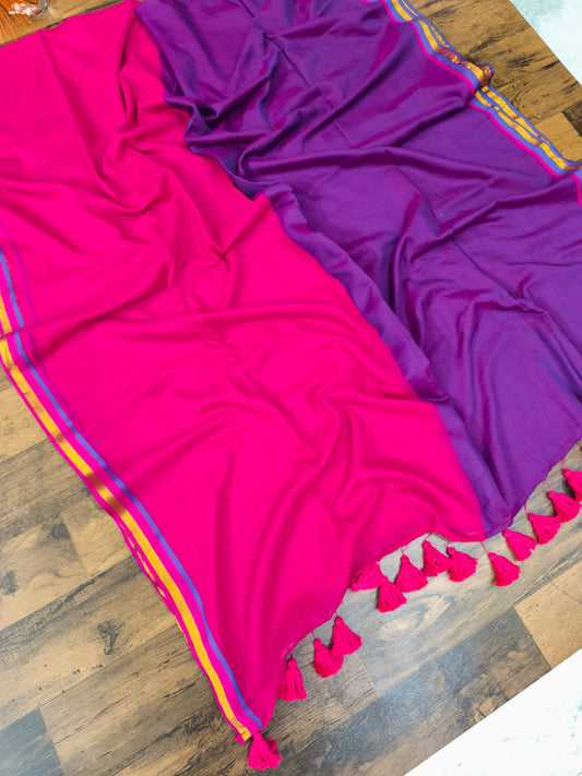 Mridula- Half-and-Half Mulmul Cotton Saree in Pink & Purple Elegance