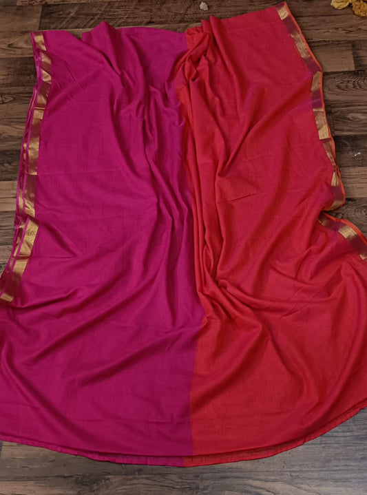 Mridula- Pink and Orange Mulmul saree