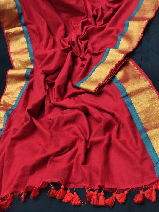 Mridula - Classic Red Mulmul Cotton Saree with Golden Border