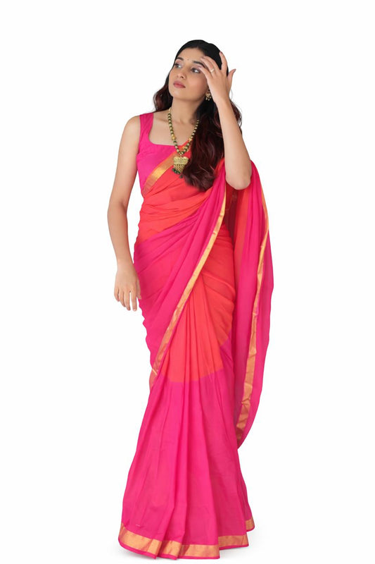 Mridula- Pink and Orange Mulmul saree