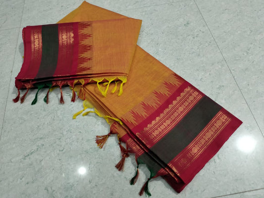 Nira - Yellow Kanchi Cotton Saree with Red & Green Border