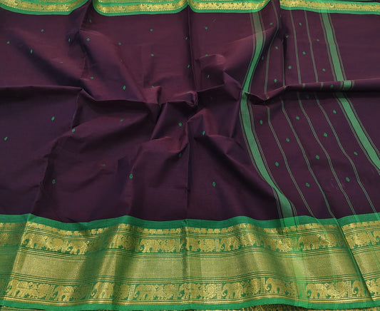 Nira - Purple Kanchi Cotton Saree with Green Border & Motifs
