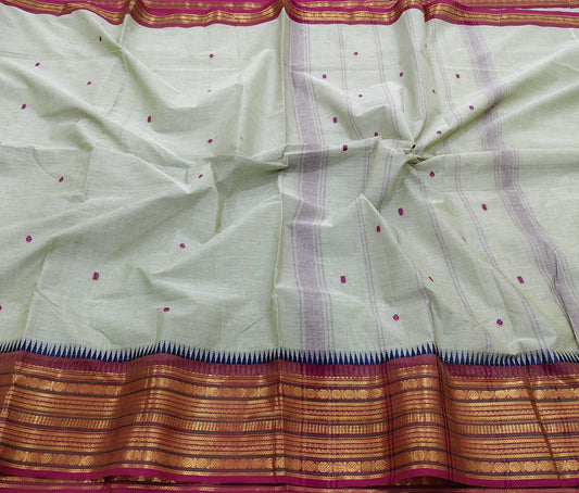 Nira - Elegant Off-White Kanchi Cotton Saree with Pink Border & Motifs