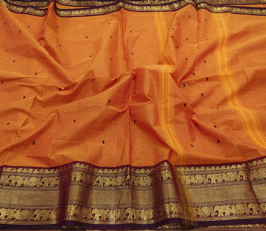 Nira - Burnt Orange Kanchi Cotton Saree with Brown Border & Motifs