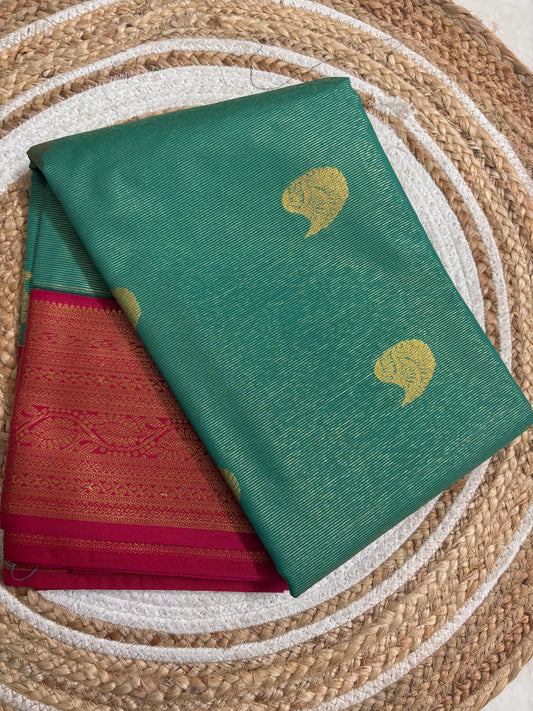 Nayika – Semi Silk Kanchipuram Saree in Green with Vibrant Pink and Gold Zari