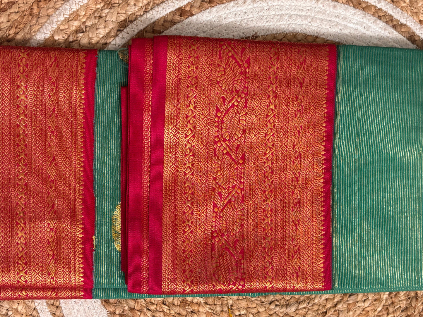 Nayika – Semi Silk Kanchipuram Saree in Green with Vibrant Pink and Gold Zari
