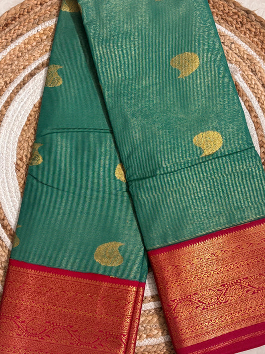 Nayika – Semi Silk Kanchipuram Saree in Green with Vibrant Pink and Gold Zari
