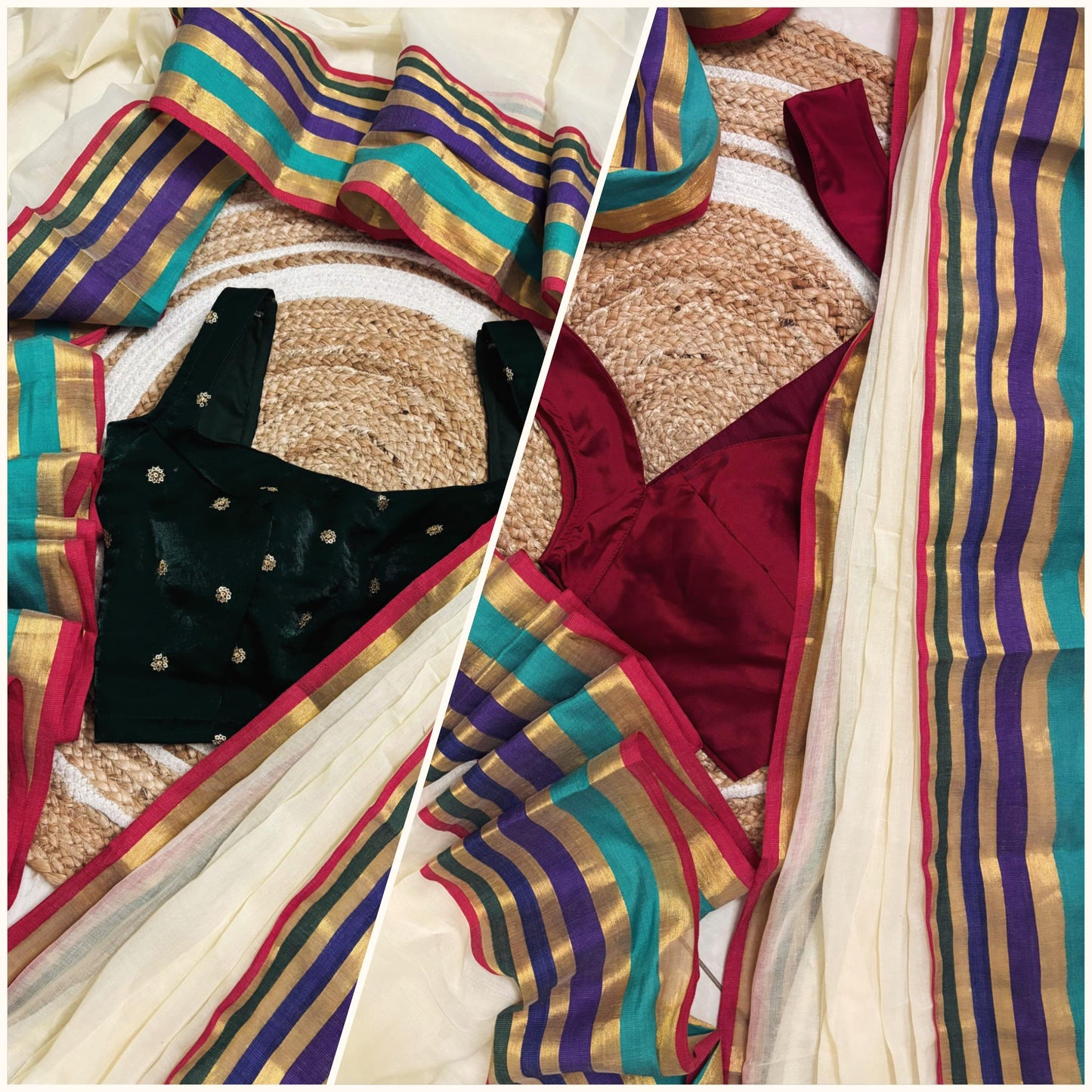Mridula - Offwhite Mulmul saree with multicoloured Kara-Kasavu Border