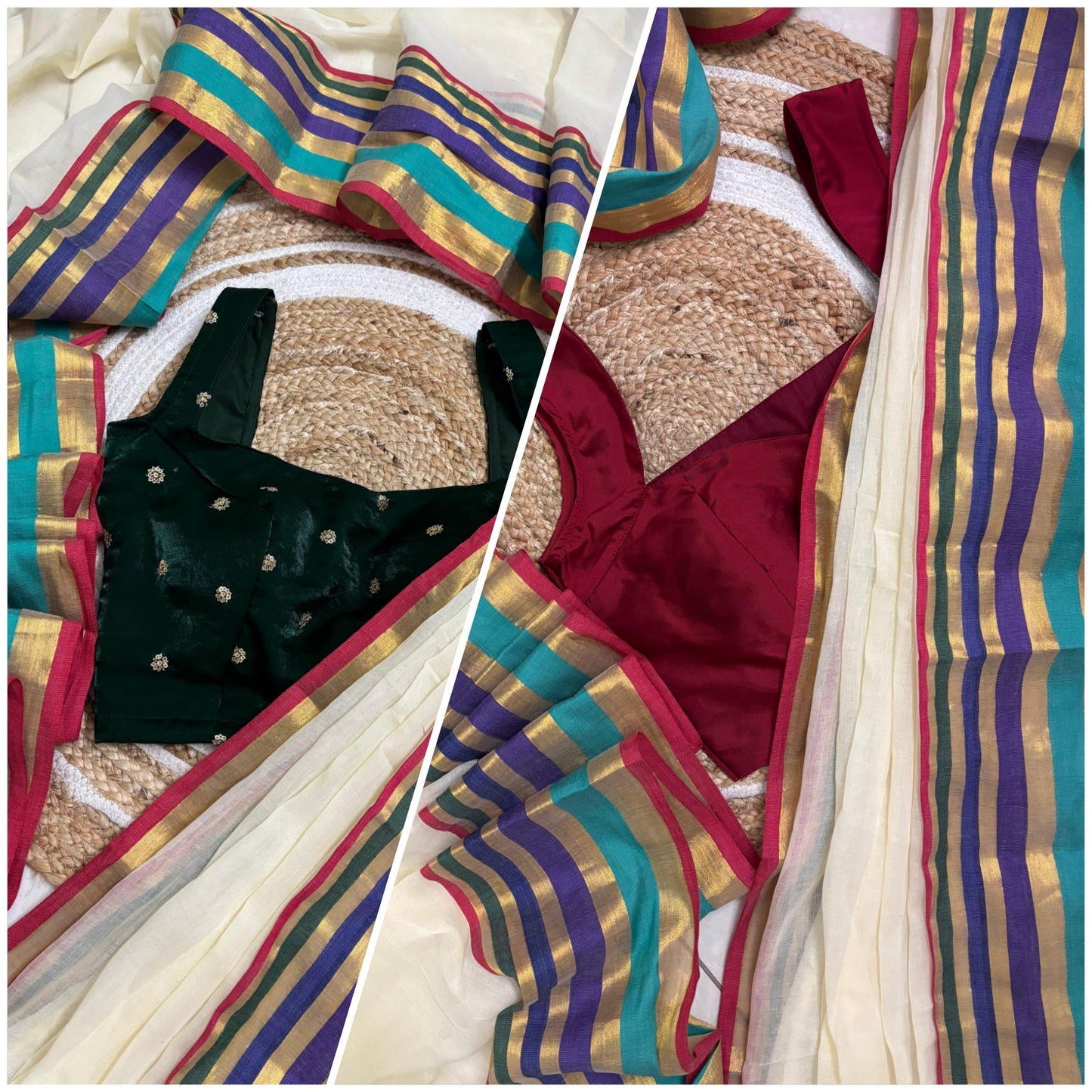 Mridula - Offwhite Mulmul saree with multicoloured Kara-Kasavu Border