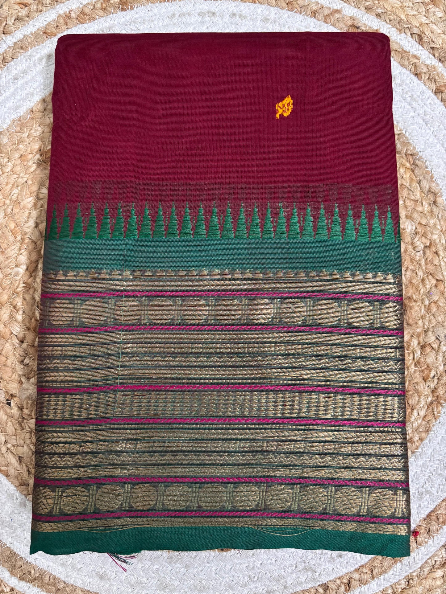 Nira - Evergreen Red Saree with Green Border & Motifs